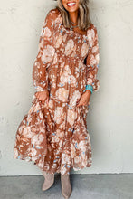Load image into Gallery viewer, Brown Floral Print Shirred Square Neck High Waist Maxi Dress
