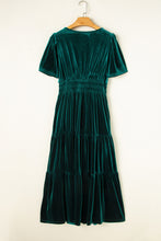 Load image into Gallery viewer, Prussian Blue Velvet Short Sleeve Shirred Waist Tiered Maxi Dress
