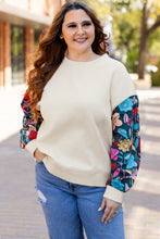 Load image into Gallery viewer, White Floral Patchwork Sleeve Textured Plus Size Pullover Top
