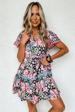 Load image into Gallery viewer, Pink Leopard Floral Ricrac Embellished Tiered Mini Dress
