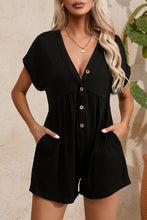 Load image into Gallery viewer, Black V Neck Buttons Loose Cuffed Short Sleeve Romper
