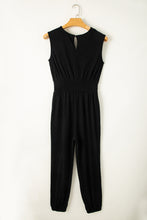 Load image into Gallery viewer, Black Shirred High Waist Sleeveless V Neck Jumpsuit
