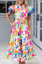 Load image into Gallery viewer, Pink Ricrac Trim Flutter Sleeve Buttoned Floral Maxi Dress
