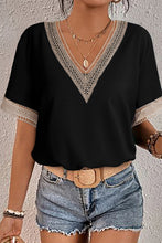 Load image into Gallery viewer, Black Lace Trim V Neck Short Sleeve Blouse
