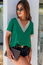 Load image into Gallery viewer, Black Lace Trim V Neck Short Sleeve Blouse
