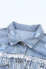 Load image into Gallery viewer, Sky Blue Sequin Embellished Fringe Distressed Denim Jacket
