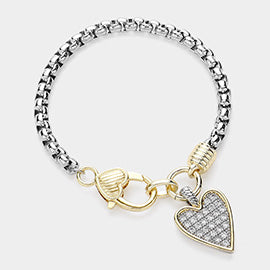 14K Gold Plated CZ Stone Paved Heart Charm Pointed Bracelet