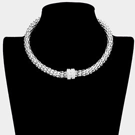 Silver Textured Rhinestone Choker Necklace   | 598363