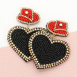 Black Felt Back Beaded Hat Heart Link Dangle Earrings - 576228