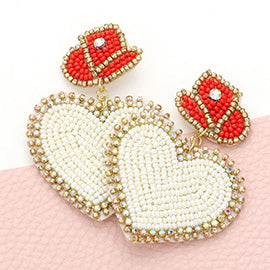 Black Felt Back Beaded Hat Heart Link Dangle Earrings - 576228