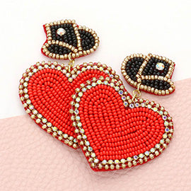 Black Felt Back Beaded Hat Heart Link Dangle Earrings - 576228