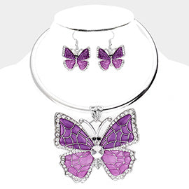 Colored Metal Stone Trim Butterfly Pendant Necklace And Earrings | 501000
