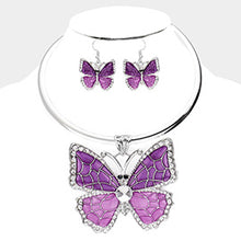 Load image into Gallery viewer, Colored Metal Stone Trim Butterfly Pendant Necklace And Earrings | 501000
