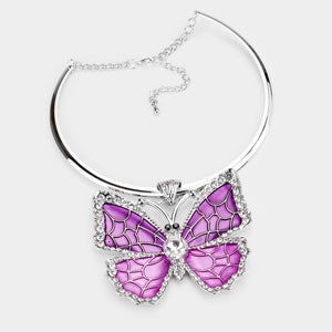 Colored Metal Stone Trim Butterfly Pendant Necklace And Earrings | 501000