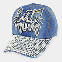 Load image into Gallery viewer, Preorder - Cat Mom Studded Message Black Denim Baseball Cap
