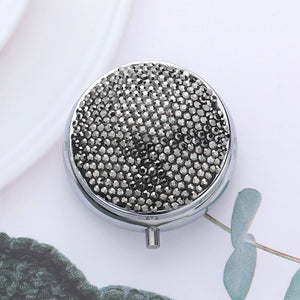 Bling Round Mirror Compact Pill Organizer Case - Hematite