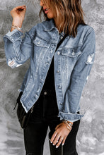 Load image into Gallery viewer, Blue Lapel Distressed Raw Hem Buttons Denim Jacket
