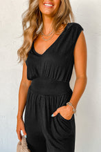 Load image into Gallery viewer, Black Shirred High Waist Sleeveless V Neck Jumpsuit
