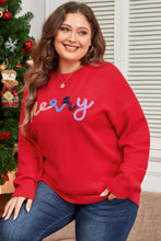 Load image into Gallery viewer, Fiery Red Tinsel merry Pattern Drop Shoulder Plus Size Sweater
