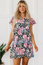 Load image into Gallery viewer, Pink Leopard Floral Ricrac Embellished Tiered Mini Dress
