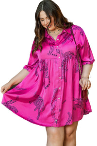 Rose Cheetah Print Half Sleeve Buttoned Plus Size Mini Dress