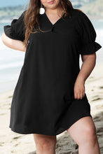Load image into Gallery viewer, Black Solid Ruffled Puff Sleeve V Neck Plus Size Mini Dress
