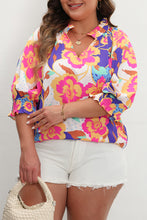 Load image into Gallery viewer, Rose Red Floral Print Split Neck Short Puff Sleeve Plus Blouse
