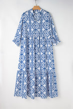 Load image into Gallery viewer, Sky Blue Geometric Print Lace-up Notch Neck Plus Size Maxi Dress
