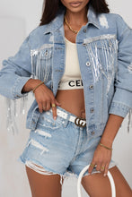 Load image into Gallery viewer, Sky Blue Sequin Embellished Fringe Distressed Denim Jacket
