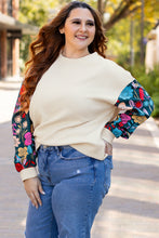 Load image into Gallery viewer, White Floral Patchwork Sleeve Textured Plus Size Pullover Top
