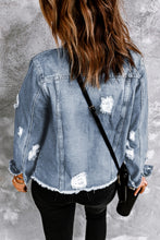 Load image into Gallery viewer, Blue Lapel Distressed Raw Hem Buttons Denim Jacket
