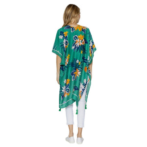 Green Tropical Floral Tassel Kimono