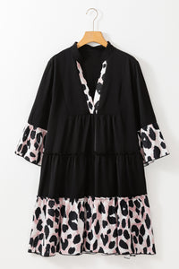 Plus Black Leopard Patchwork Split Neck Ruffle Curvy Dress