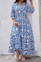 Load image into Gallery viewer, Sky Blue Geometric Print Lace-up Notch Neck Plus Size Maxi Dress
