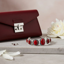 Load image into Gallery viewer, Linked Cracked Red Oval Burnished Silver Bracelet
