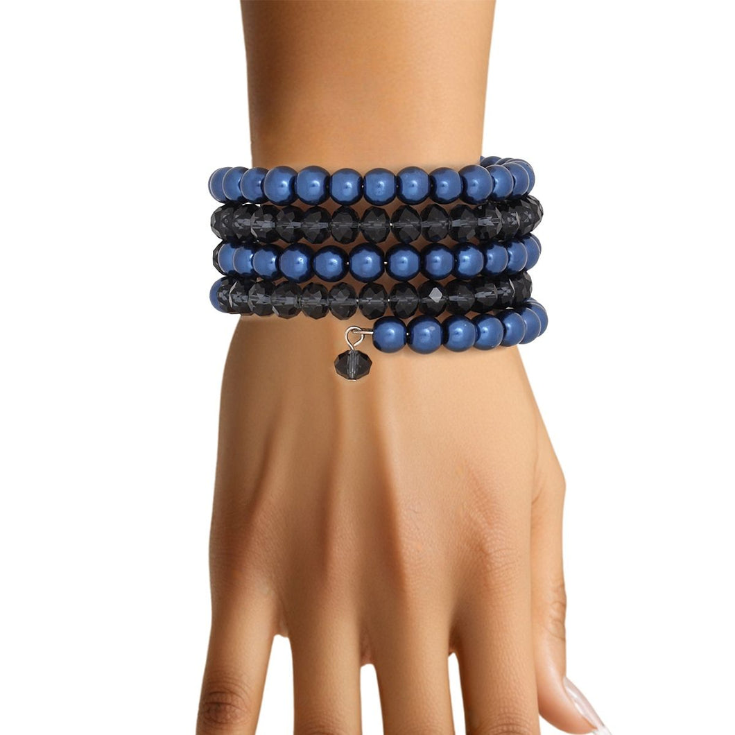 Coiled Royal Blue Pearl Glass Bead Wrap Bracelet