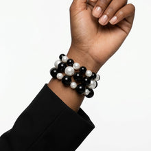 Load image into Gallery viewer, Black Bead White Pearl Bracelet Stretch 3 Strand
