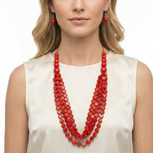 Load image into Gallery viewer, Beaded Long Red Marbled Disc Layer Toggle Necklace
