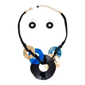 Necklace Black Cord Blue Rings Set for Women