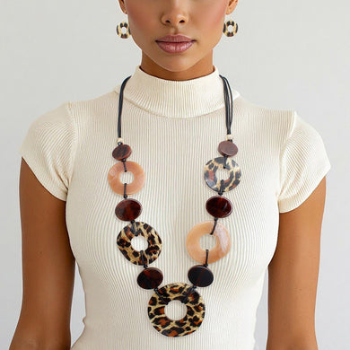 Long Linked Leopard Rings Black Cord Necklace
