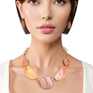 Collar Orange Agate Marbled Gold Necklace Women