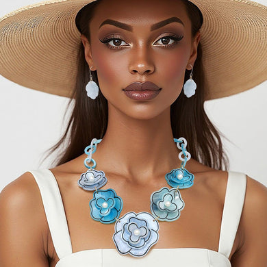 Collar 3D Blue Outlined Flower Necklace Women