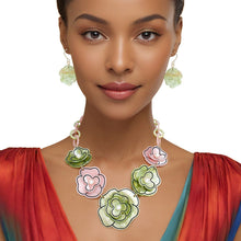 Load image into Gallery viewer, AKA Collar 3D Pink Green Outlined Flower Necklace
