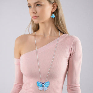 Pendant Blue Butterfly Long Silver Chain Necklace