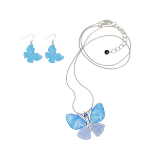 Pendant Blue Butterfly Long Silver Chain Necklace