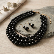 Load image into Gallery viewer, Jet Black Ball Bead Necklace Layered 3 Strand
