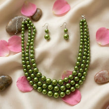 Load image into Gallery viewer, Olive Green Pearl Necklace Layered 3 Strand
