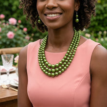 Load image into Gallery viewer, Olive Green Pearl Necklace Layered 3 Strand
