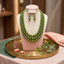 Load image into Gallery viewer, Olive Green Pearl Necklace Layered 3 Strand
