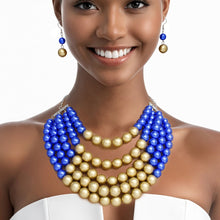 Load image into Gallery viewer, SGRHO Blue Matte Gold 5 Row Pearl Set Women
